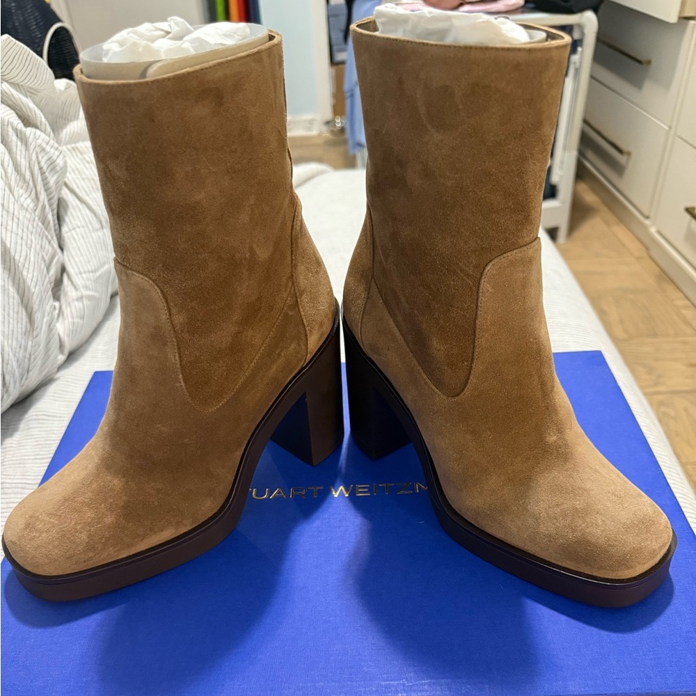 Stuart Weitzman Tan Suede Platform Ankle Boots Block Heel NWT
